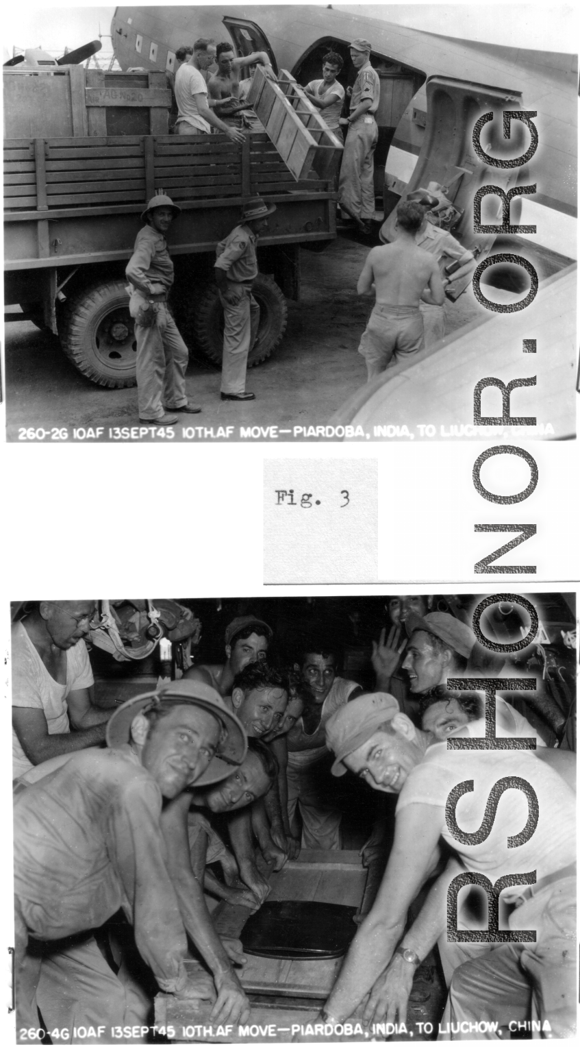 The 10th Air Force moves from Piardoba, India, to Liuzhou, China in the fall of 1945. Here materials are being loaded onto C-47 cargo planes for flying over the Hump into China.