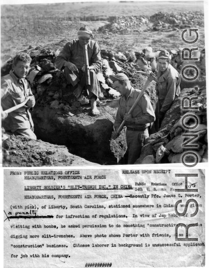 GIs dig slit trench in China during WWII, as local Chinese man looks on. James F. Porter, in center with pick, is digging because of a penalty for infraction of regulations.