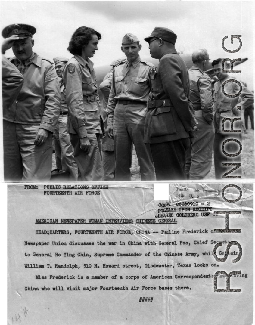 Pauline Frederick of Western Newspaper Union discusses the war in China with General Pao, while Captain William T. Randolph looks on.