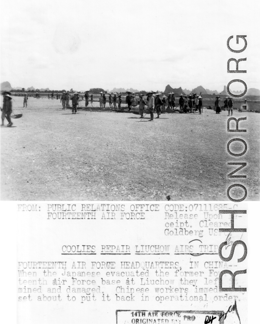 Workers repair runway at Liuzhou, Guangxi province, in the CBI, after the Allied return to Liuzhou airbase after the Japanese retreated after Ichigo.