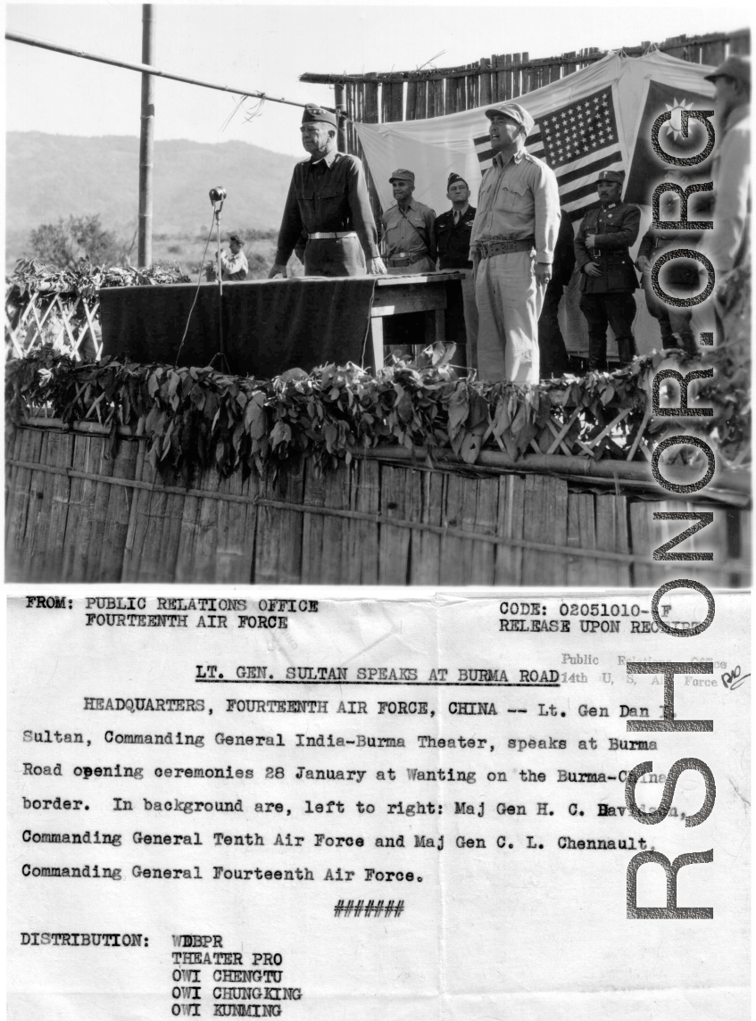 Lt. Gen. Dan I Sultan gives a speech at the Burma Road opening ceremonies at Wanting. In the background (left to right) are Maj. Gen. H. C Davidson, General C. L. Chennault.