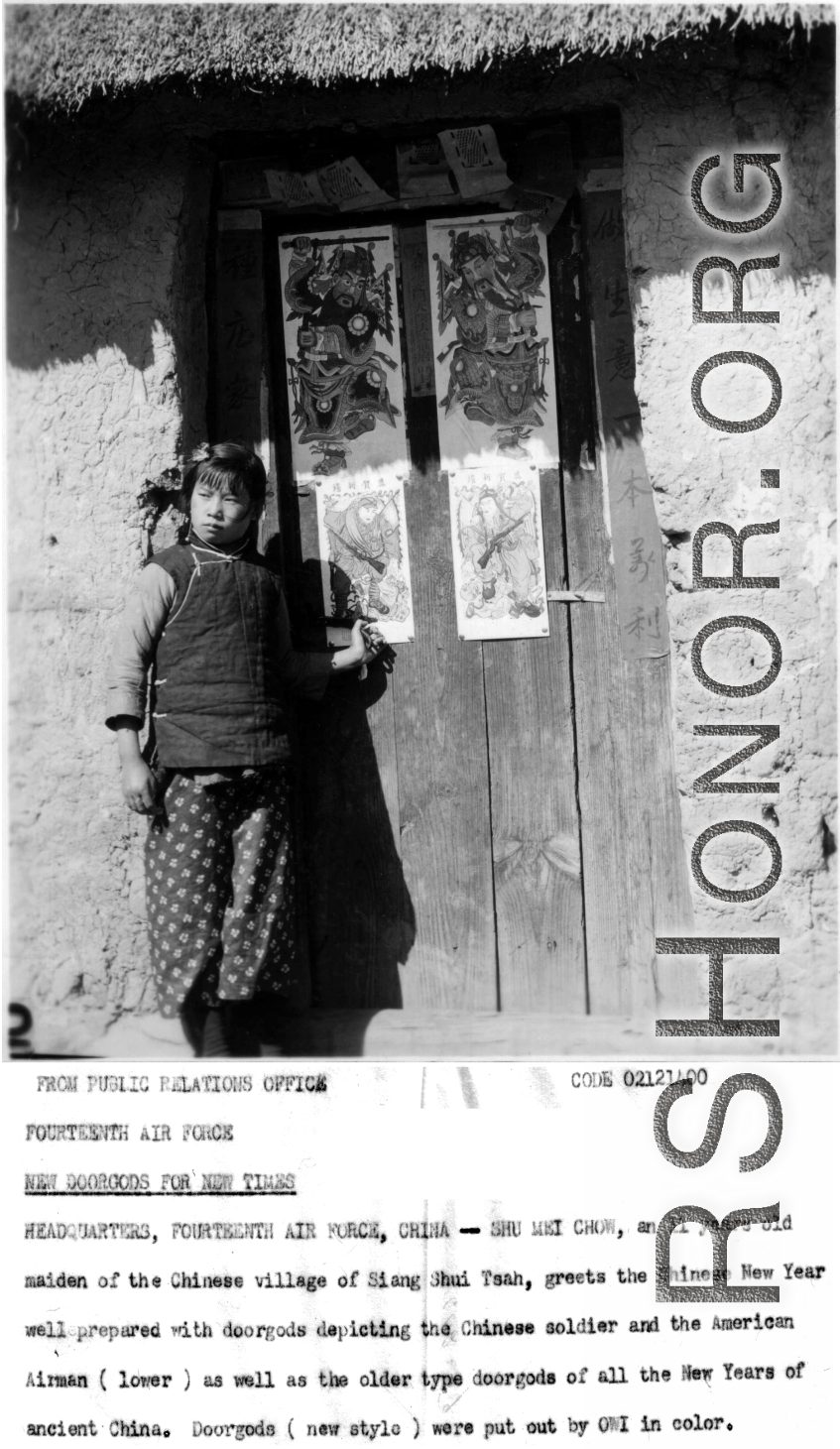 Local girl Shu Mei Chow stand before door decorated with door gods near the time of Chinese New Year in the village of Siang Shi Tsah, during WWII. Some of these were put out by the OWI in color.