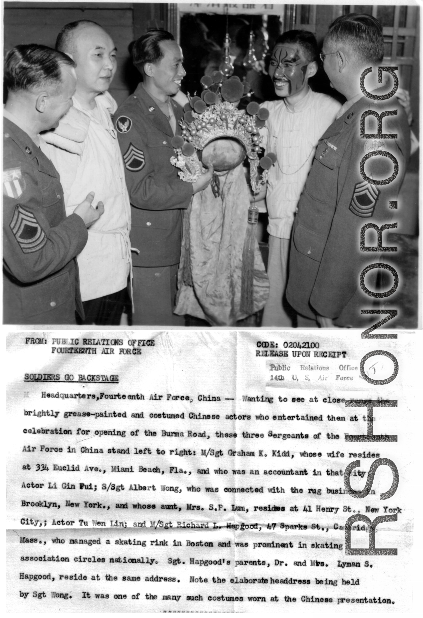 Three sergeants of the 14th Air Force meeting costumed Chinese performers of the celebration for the opening of the Burma Road. Left to right: M/Sgt. Graham K. Kidd, Actor Li Gin Pui, S/Sgt. Albert Wong, actor Tu Wen Lin, and M/Sgt. Richard L. Hapgood. In China during WWII.