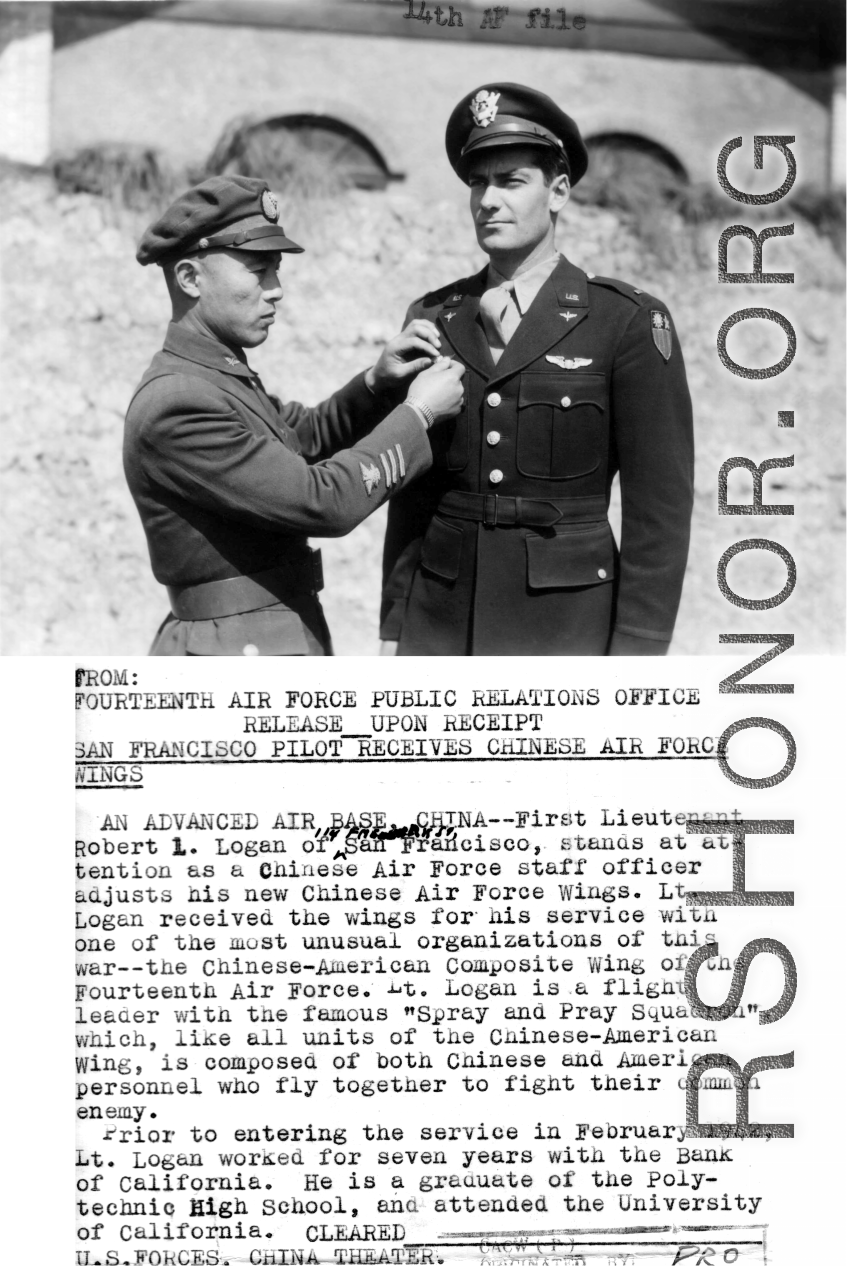 1st Lt. Robert L. Logan stands at attention as ta Chinese Air Force staff officer adjusts his new Chinese Air Force Wings. Lt. Logan received his wings based on his service in CACW, as a leader of the "Spray and Pray Squadron."