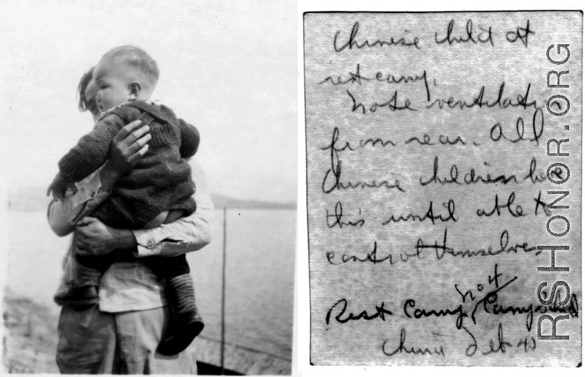 Child standing at Camp Schiel, China, February 1945, with lake behind.