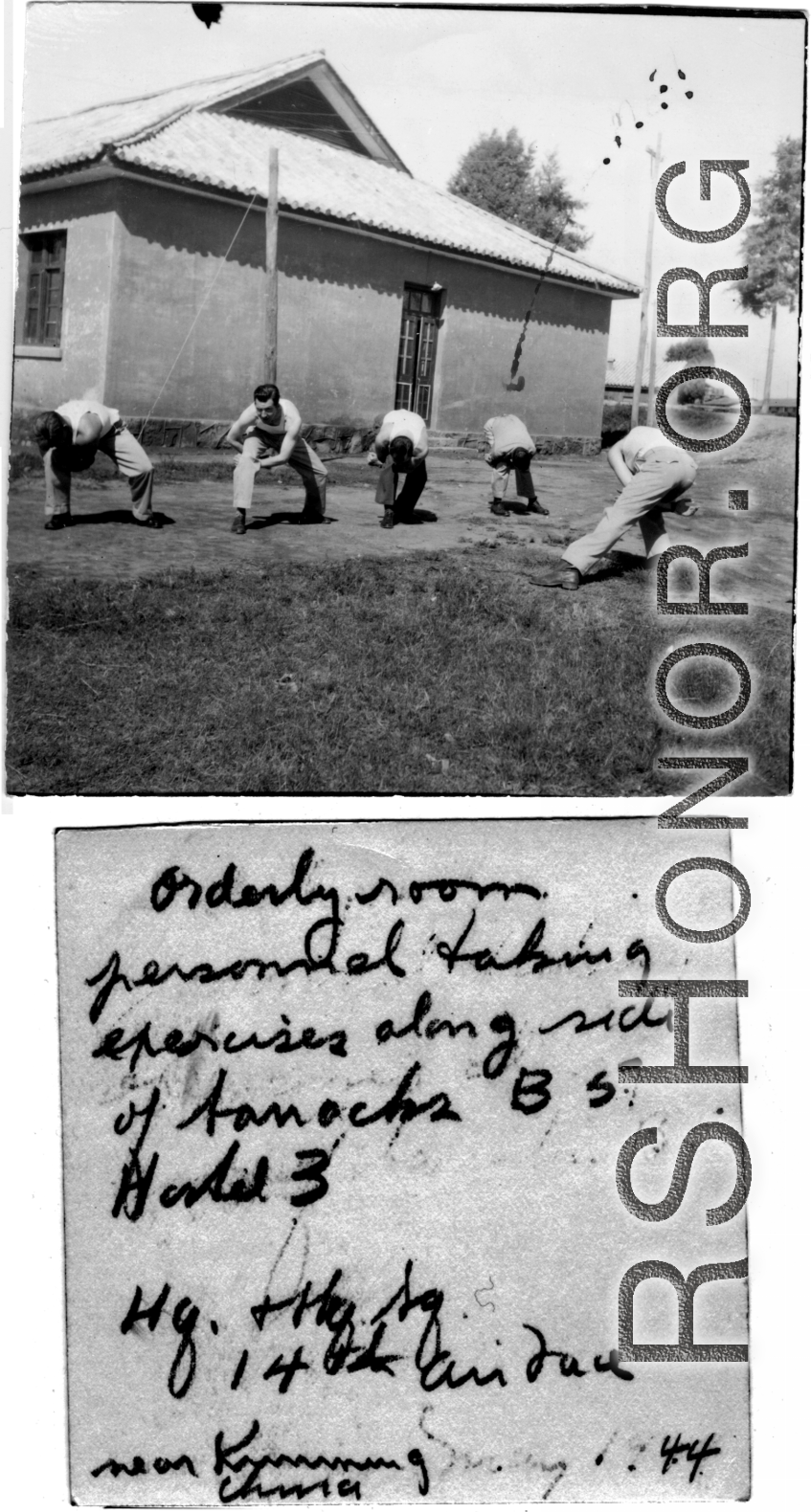 Orderly room personnel exercising at barracks B-5, Hostel #3, Kunming, May 1944.