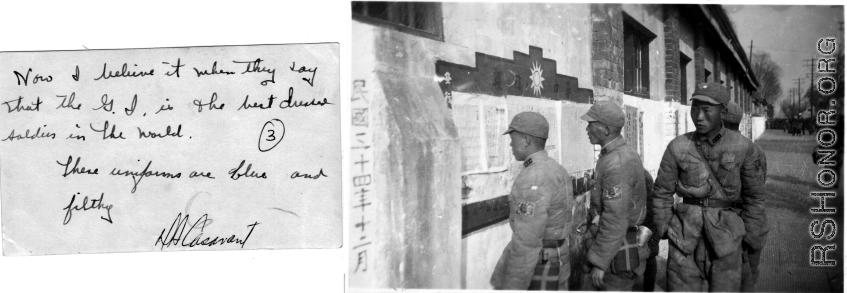 Low-rank Chinese soldiers reading newspaper or propaganda in late 1945. The collector of the photo notes that the uniforms are blue and "filthy." In the CBI during WWII.