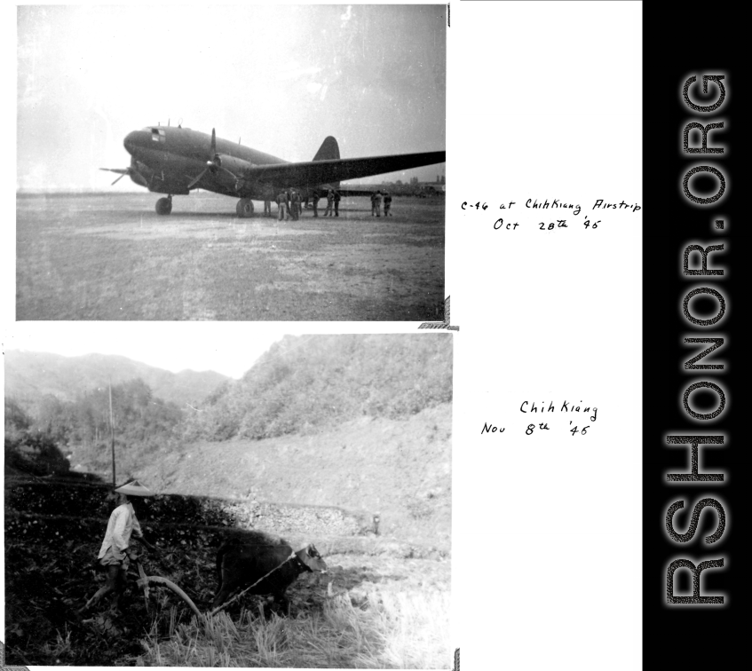 Scenes around Zhijiang, including a C-46, and local farmer plowing the fields.