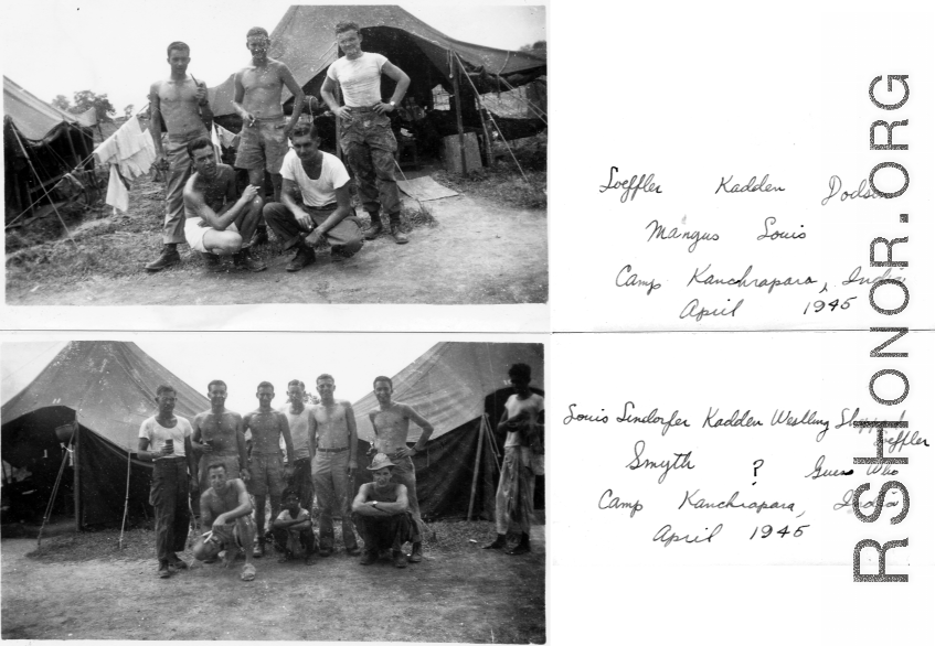 GIs in tent camp pose at Camp Kanchrapara, India, April 1945.