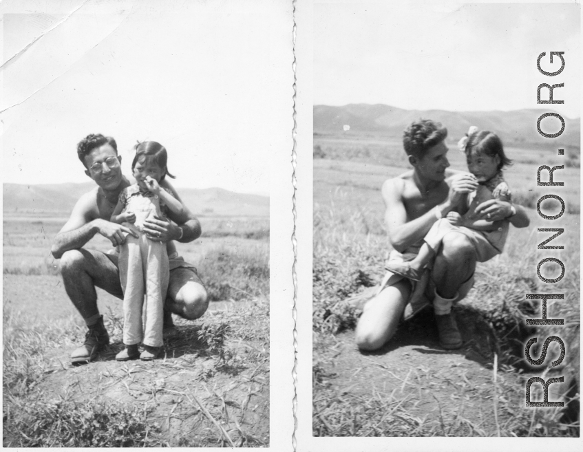 Along the Burma road on the way to China during WWII, or in SW China. The top right image is Frank G. Ehle holding a small child.