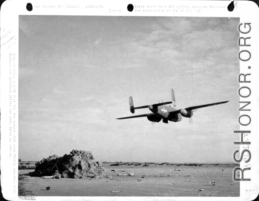 A B-25 of the CACW on a practice "skip bombing" run in India.