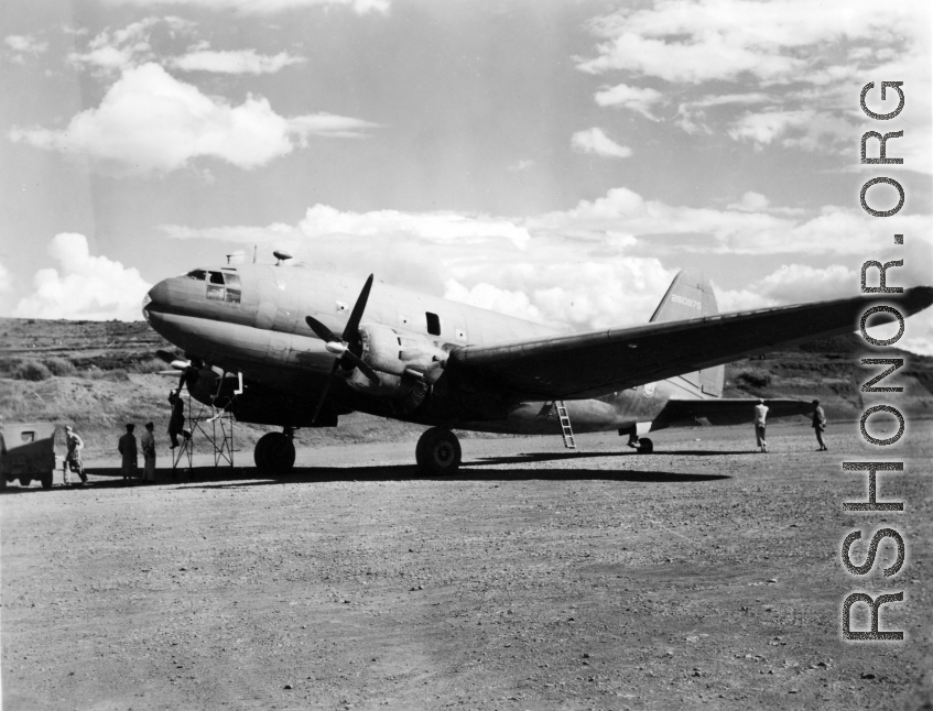 C-46 transport #260975 in the CBI, at "Airfield Y," in 1944.