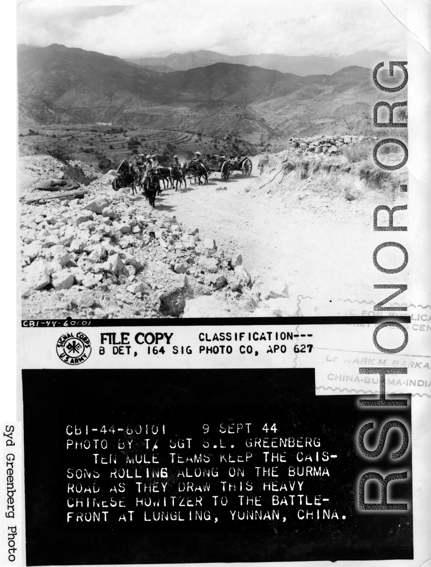 "Ten mule teams keep the caissons rolling along on this Burma Road as they draw this heavy Chinese howitzer to the battlefront at Lungling, Yunnan, China." During WWII. September 9, 1944.  Photo from Sydney L. Greenberg, 164th Signal Photographic Company.