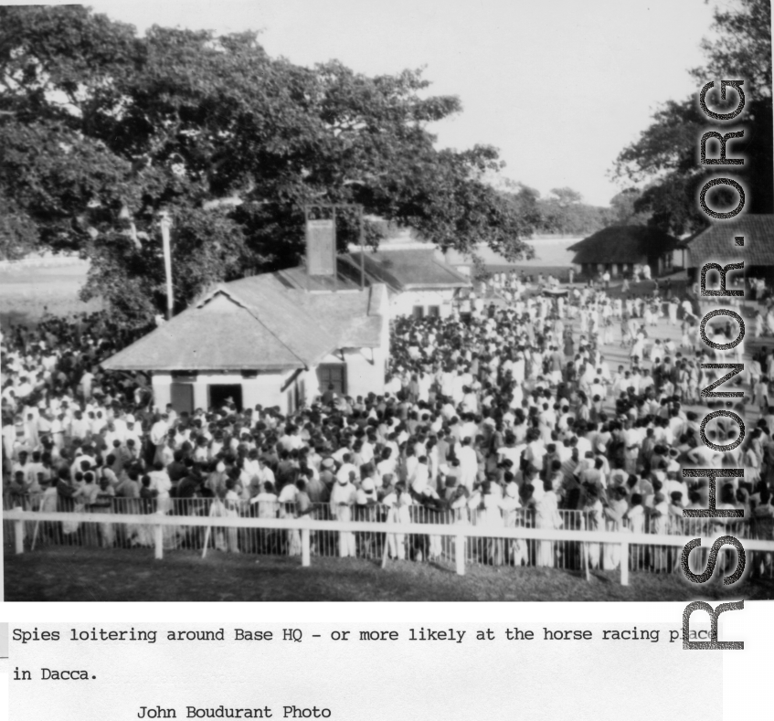 Crowd milling around at Dacca horse races during WWII.  Photo from John Boudurant.