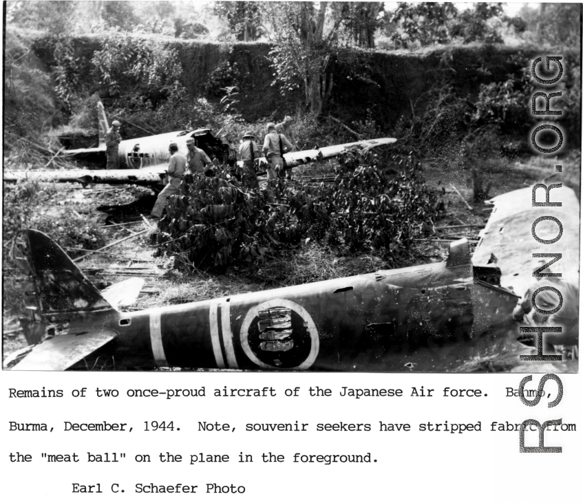 Ruined Zeros at Bahmo, Burma, December, 1944.  Photo from Earl C. Schaefer.