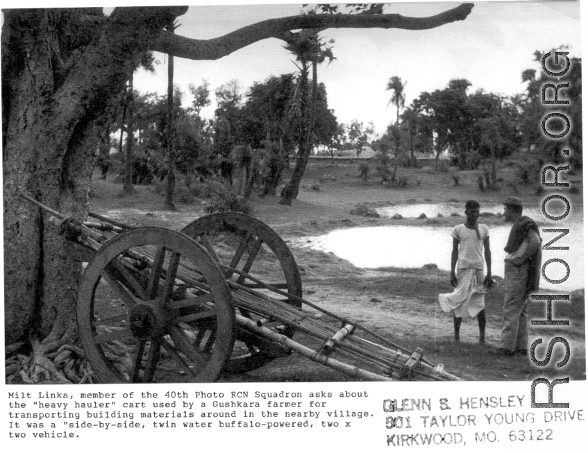 Milt Link of the 40th Photographic Reconnaissance Squadron chats with a Gushkara farmer during WWII.  Photo from Glenn S. Hensley.