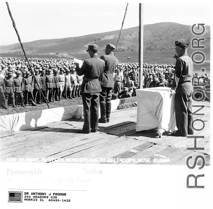 Gen. Weng speaks to CFI troops in Muse, Burma, during WWII, on January 28, 1945.  10th Air Force Photographic Section, image supplied by Anthony J. Prombo.