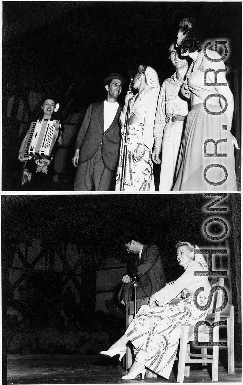 Hollywood stars put on variety show for GIs in the CBI during WWII, including Ruth Dennis (far left), Ben Blue, Ann Sheridan, and Mary Landa.