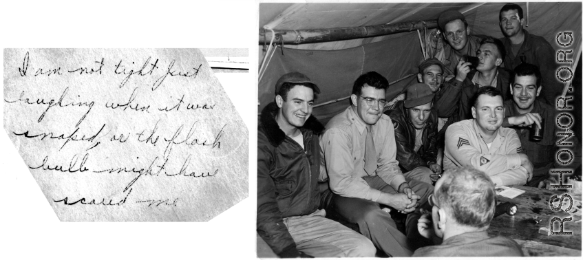 A group of jovial GIs in a tent in the CBI during WWII.