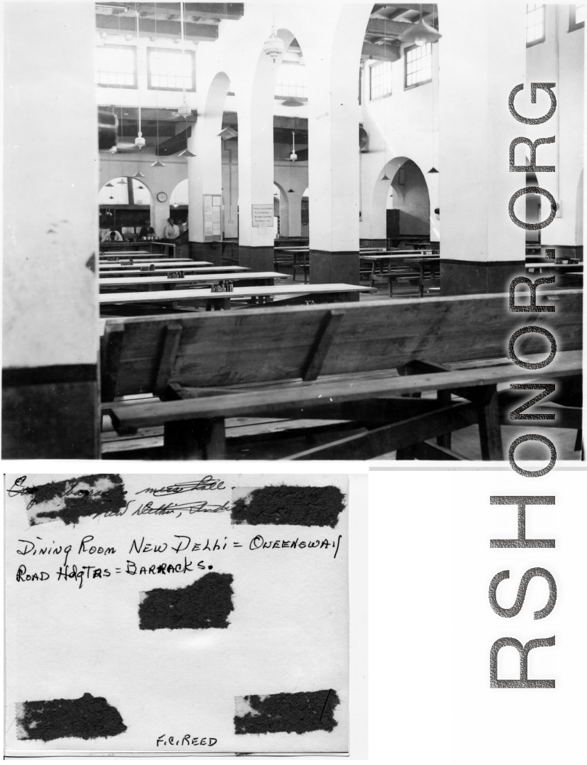 Dining room in Queensway Road HQ barracks, New Delhi. During WWII.  Photo from F. C. Reed.