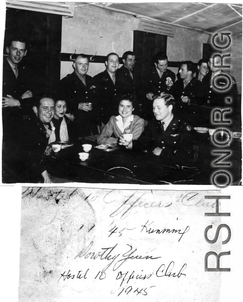 Appreciative American officers keep two ladies company (including Dorothy Yuen at center) at Hostel #10 Officer's Club, Kunming, 1945.