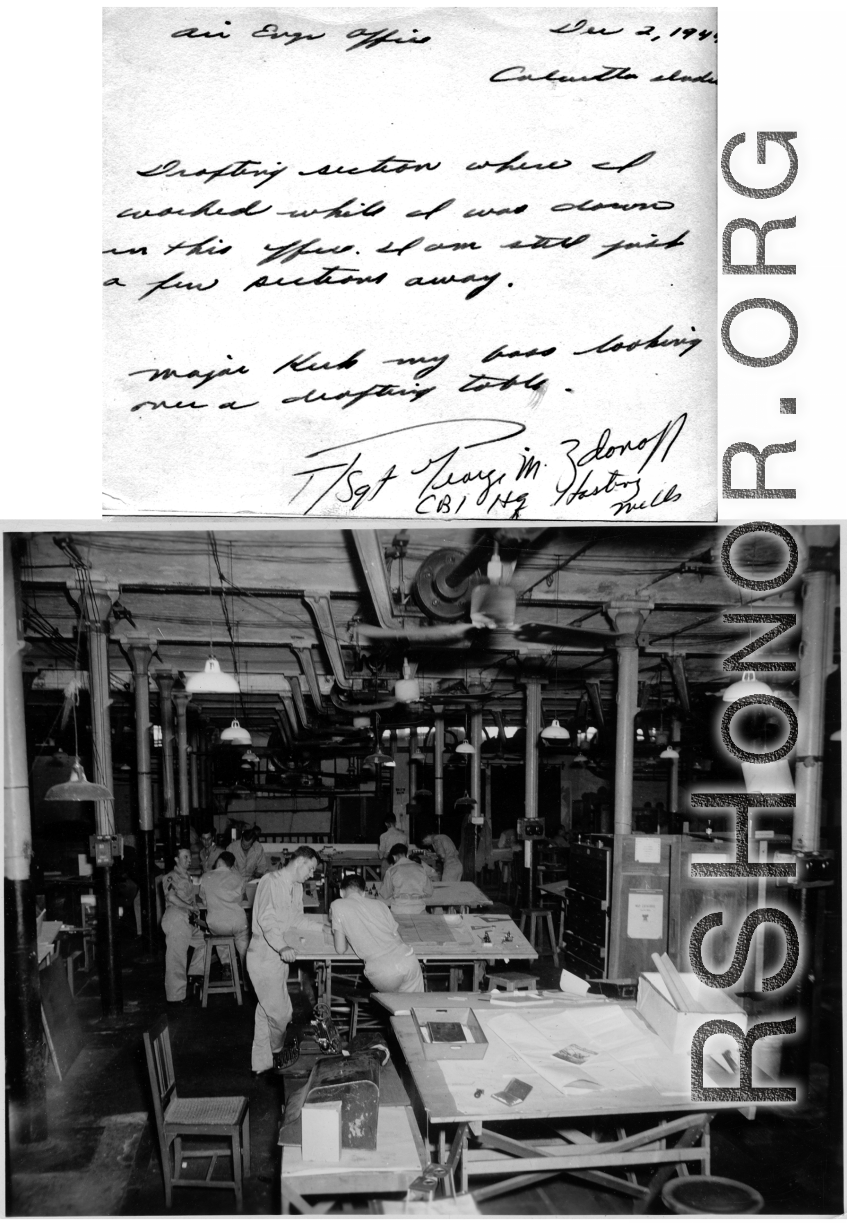 Drafting tables at iir engineering office, CBI HQ at Hastings Mill, Calcutta, December 2, 1944.  Photo from T/Sgt. George M. Zdanoff.