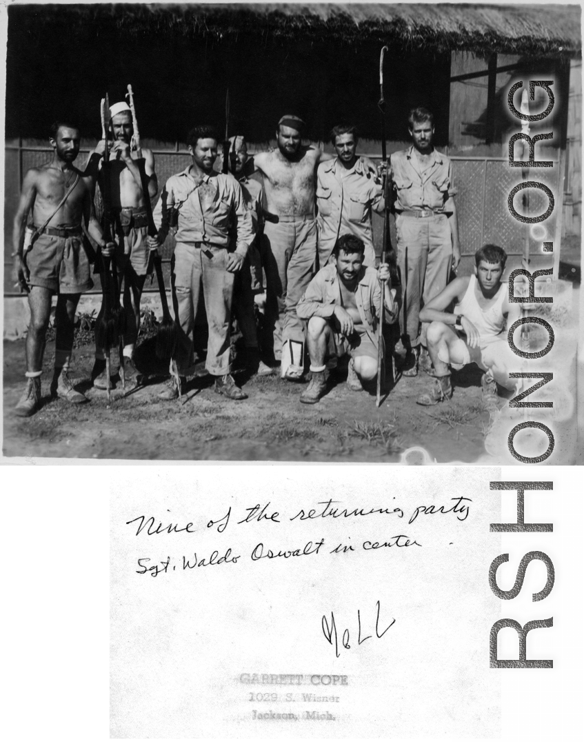 A well-worn looking "returning party" in the CBI during WWII, with Sgt. Waldo Oswalt in the center.  Photo from Pvt. Garrett Cope (10th Air Force Photographer).