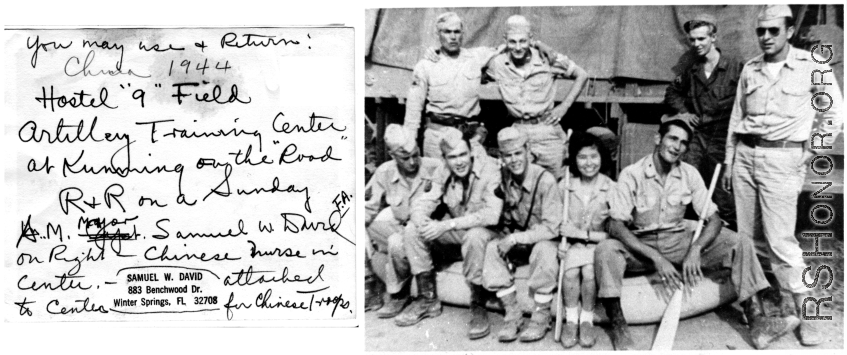 Sunday morning R & R for Field Artillery Training Center, Hostel #9 at Kunming. 1944. Major Samuel W. David on right, Chinese nurse in the middle was attached to Center for Chinese troops.  Photo from Samuel W. David. 