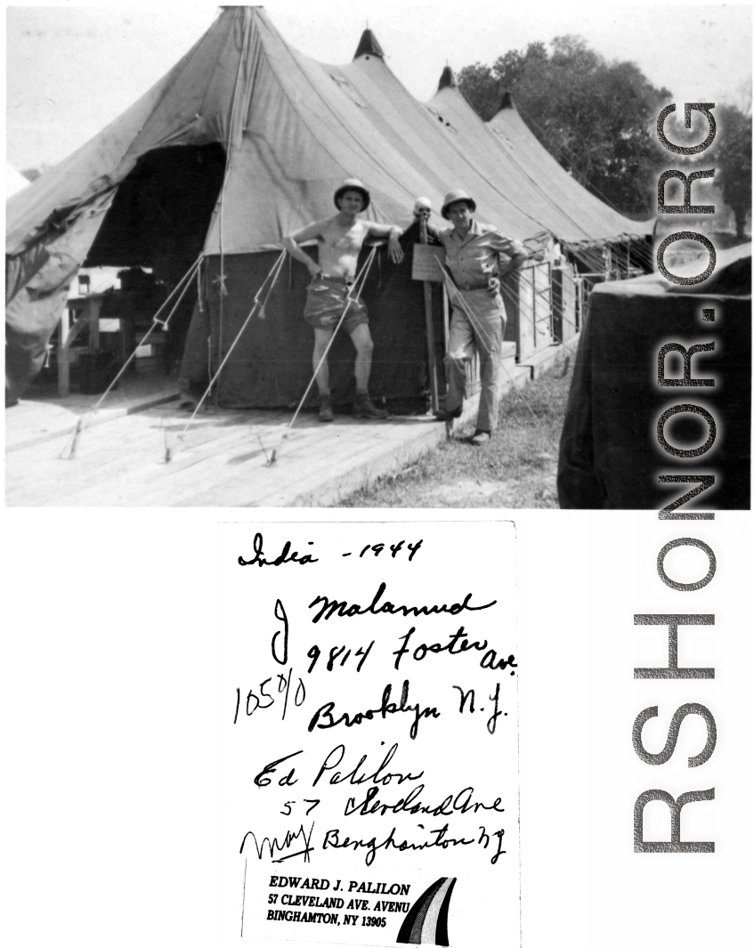 J. Malamud and Ed Palilon in front of raised tents in India during WWII.  Photo from Ed Palilon.