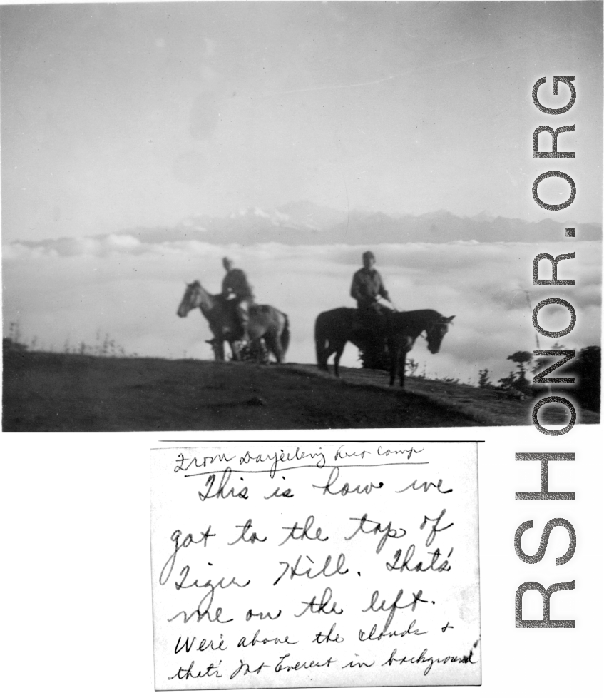 GIs horse ride from Darjeeling Rest Camp, with Everest in the background. During WWII.