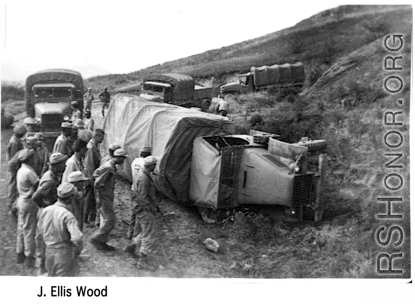 A rolled convoy truck in the CBI during WWII.