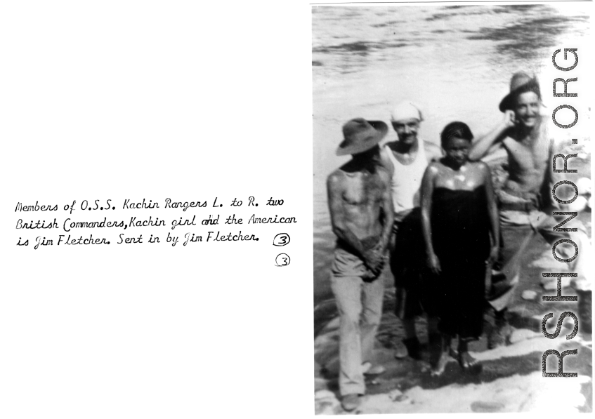 Members of OSS Kachin Rangers. Left to right: Two British commanders, Kachin girl, and American Jim Fletcher.  Photo from Jim Fletcher.