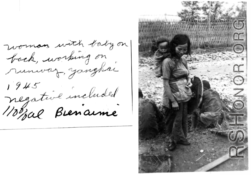 A woman working with a baby on her back on the runway at Yangkai, 1945.  Bienaime.