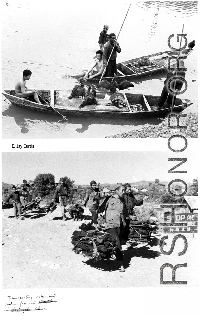 Fishing with cormorants from small boats; Carrying cooking and heating charcoal to town to sell.  In the Chna during WWII.  Photos from E. Jay Curtis.