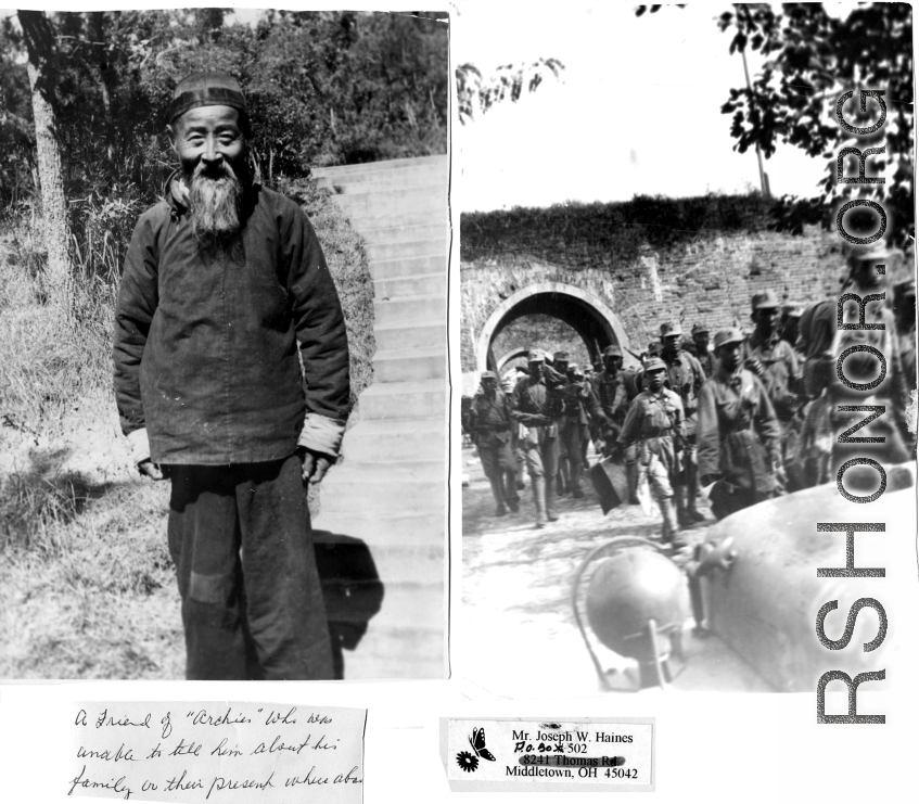 An elderly Chinese man; Very young Chinese troops marching out from city wall. During WWII.  Photos from Joseph W. Haines.