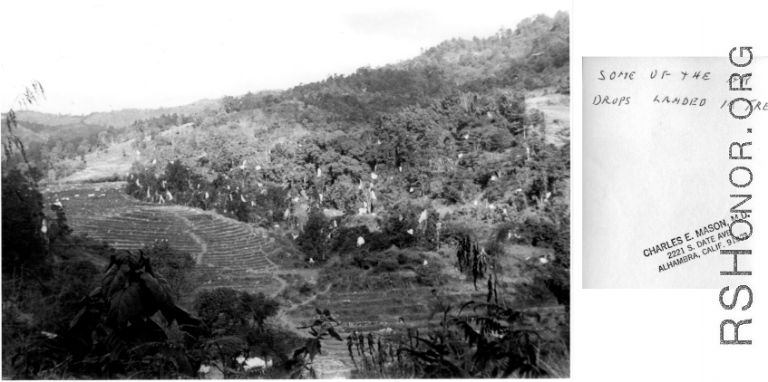 Airdrop parachutes in trees in SW China or Burma during WWII.  This one of a set of images provided by Lt. Col. Charles E. Mason