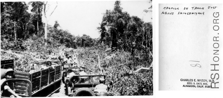 Allied convoy road traffic on road just above Shingbwiyang during WWII.