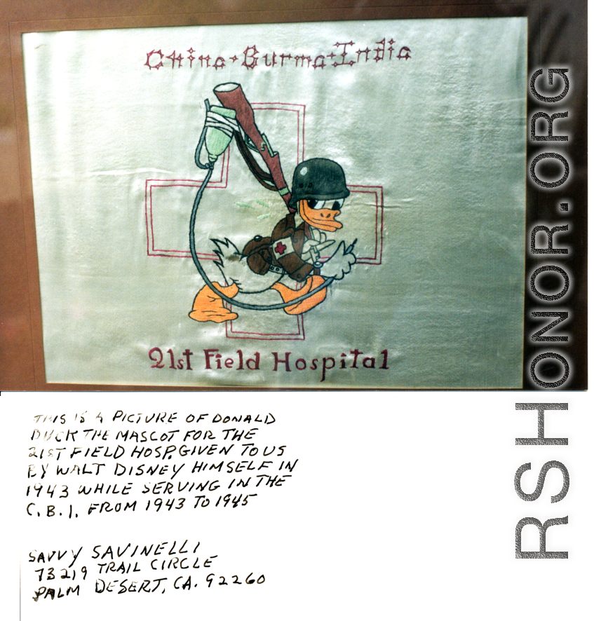 An embroidered picture of Donald Duck as mascot for the 21st Field Hospital, during WWII.  Photo from Savvy Savinelli.