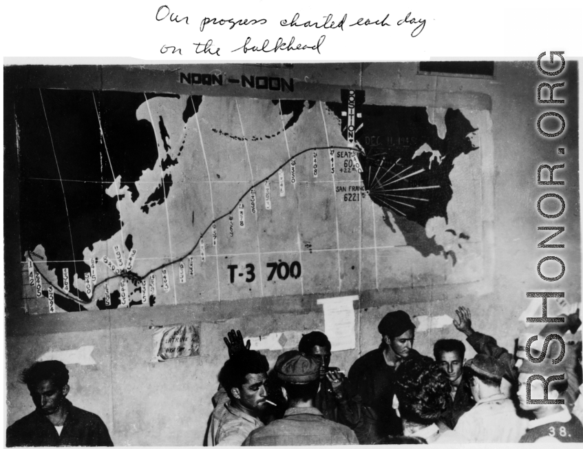 A daily map of progress back home by ship after the war of CBI veterans, crossing the Pacific, drawn on ship's bulkhead.