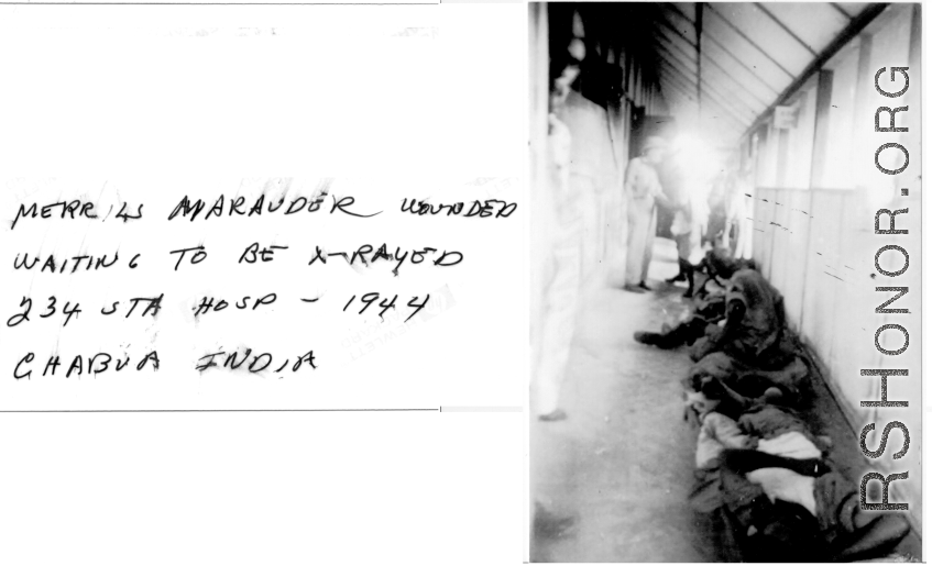 Merrill's Marauders wounded waiting in a hallway at 234th Station Hospital. Chabua, India, 1944. Image provided by Michael J. O'Brien.  In the CBI during WWII. 