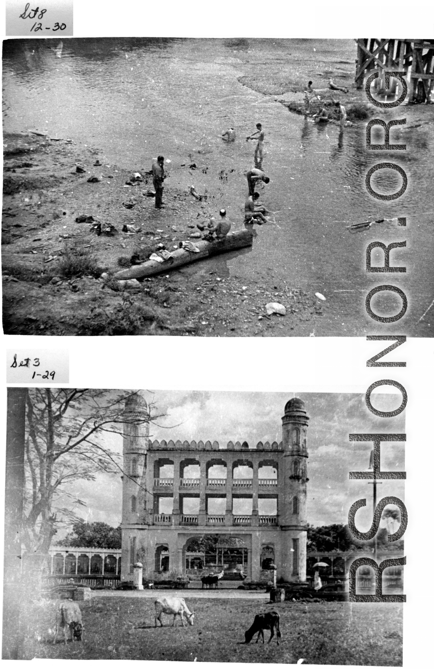 GIs bath in a river next to a bridge. And a decorative building. In the CBI during WWII.  Images provided by Emery and Beth Vrana.