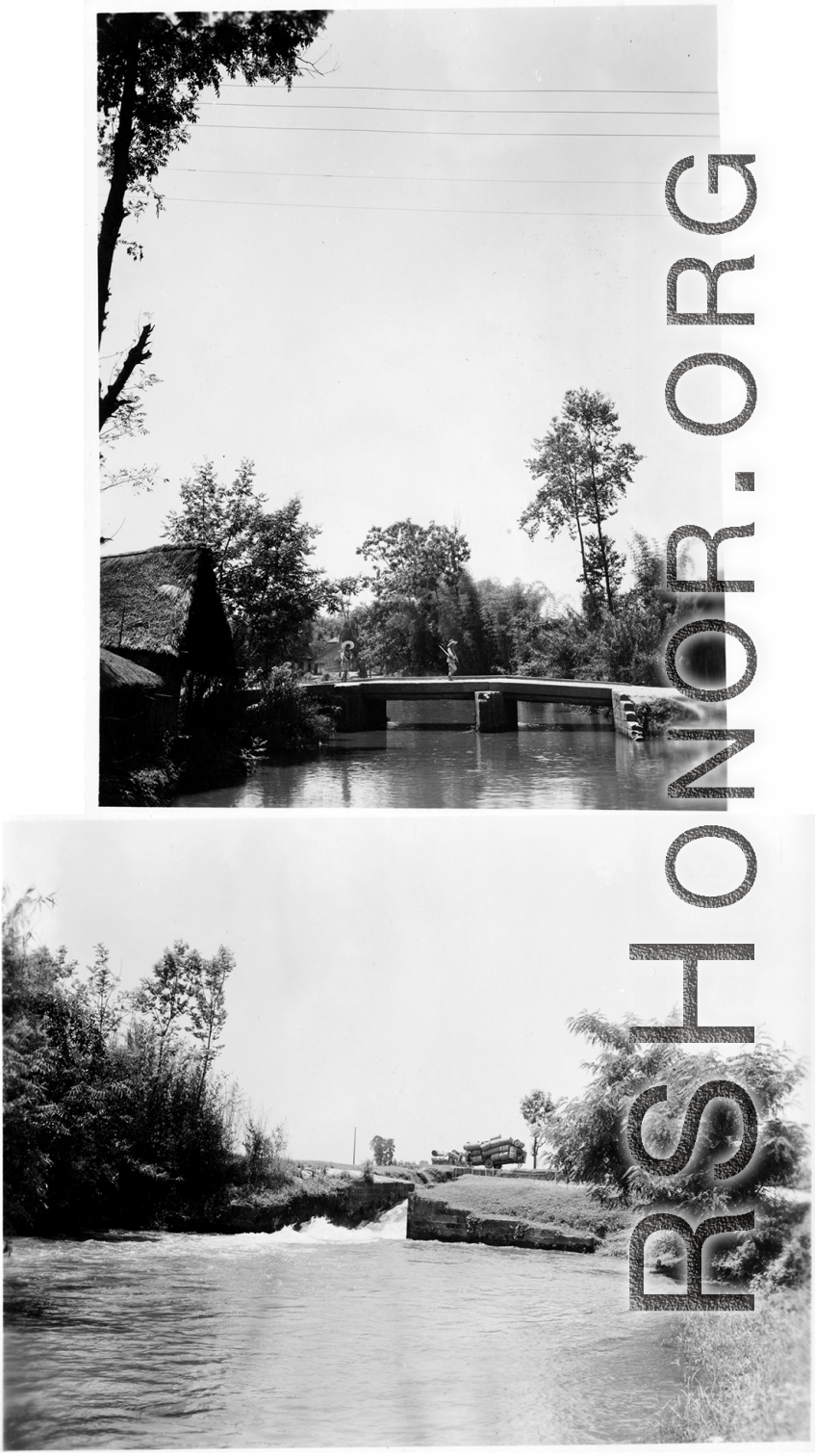 Canals in the countryside of China, probably in Yunnan province near Kunming. Notice the cart in the lower image carrying a large load of empty 55 gallon fuel drums, without question from an American base nearby.  Images provided by Dorothy Yuen Leuba.