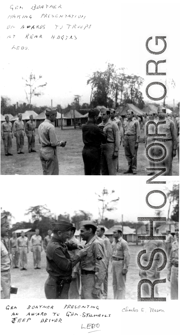 General Boatner making presentation of awards to troops at the rear headquarters, Ledo, and General Boatner making presentation of award to General Stilwell's jeep driver, Ledo.  Photos from Charles E. Mason.