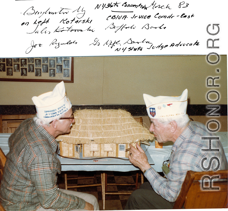 CBI veterans and a model of a basha at the CBIVA New  York Convention, March 1983: On the left is Jules Kotarski, and right is Joe Reynolds.