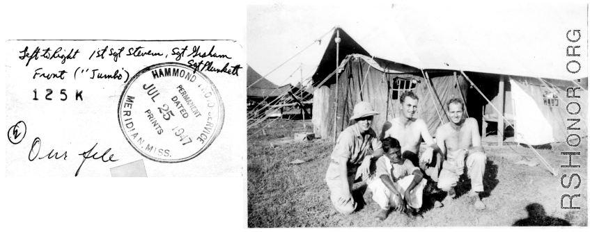 Left to right: 1st Sgt. Stevern, Sgt. Graham, Sgt. Plunkett, with the local boy "Jumbo" in front. In the CBI during WWII.