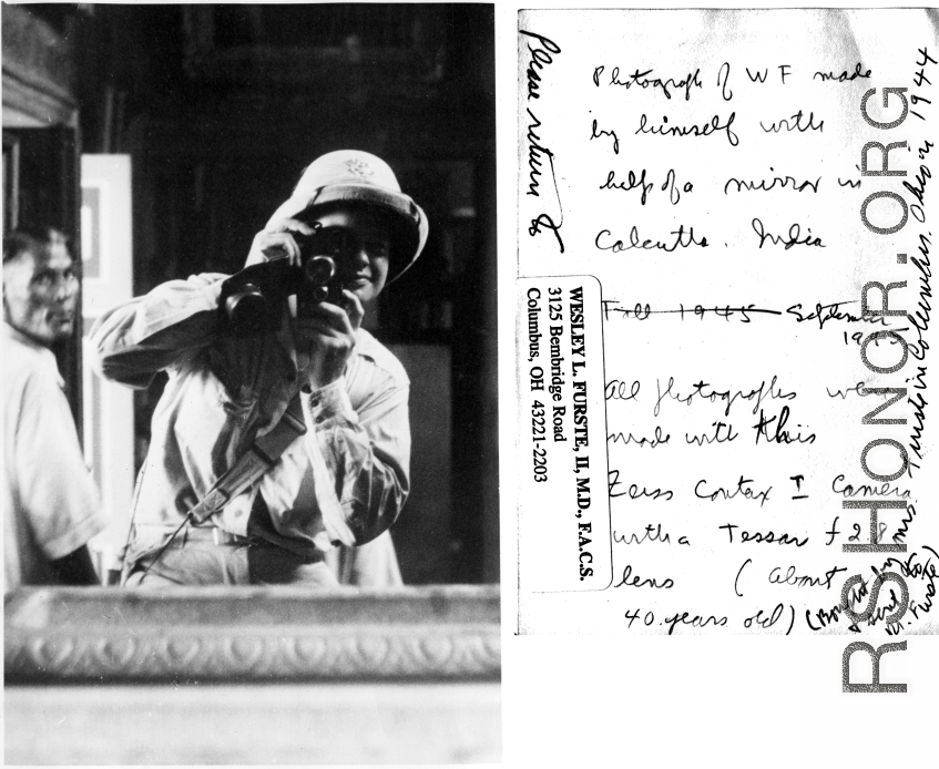 Self-portrait of Wesley Furste as he made it with a mirror in Calcutta, India, in September, 1945.  Photo from Wesley L. Furste.