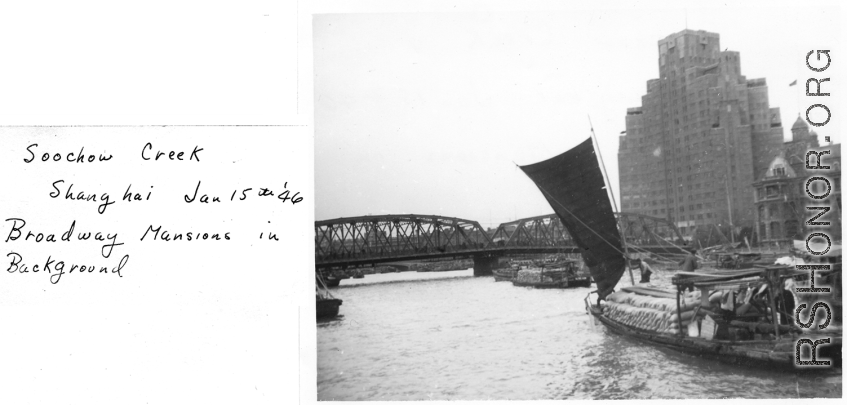 Suzhou Creek, Shanghai, with Broadway Mansions in background, on January 15, 1946.