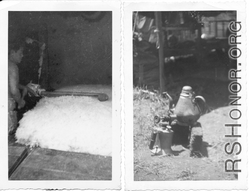 A worker makes a cotton felt blanket by vibrating a string through piles of loose cotton; Large tea kettle on raised holder to allow it to be tipped easily. During WWII in China.