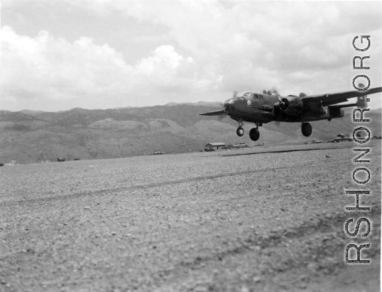 B-25, tail number 435, of the Ringer Squadron, above a runway in Yunnan. During WWII.