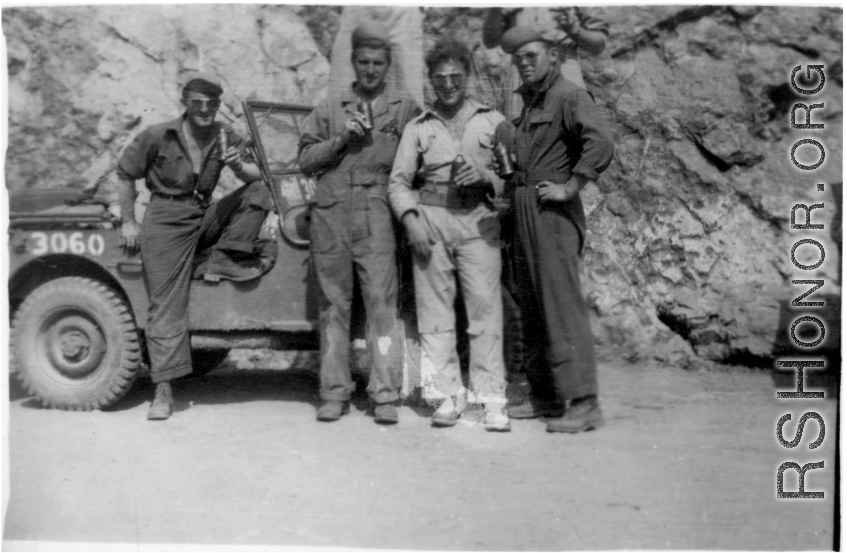 "Wiley, Wozniak, Taurisano, and Springer on a convoy to Kwelin (Guilin), China."